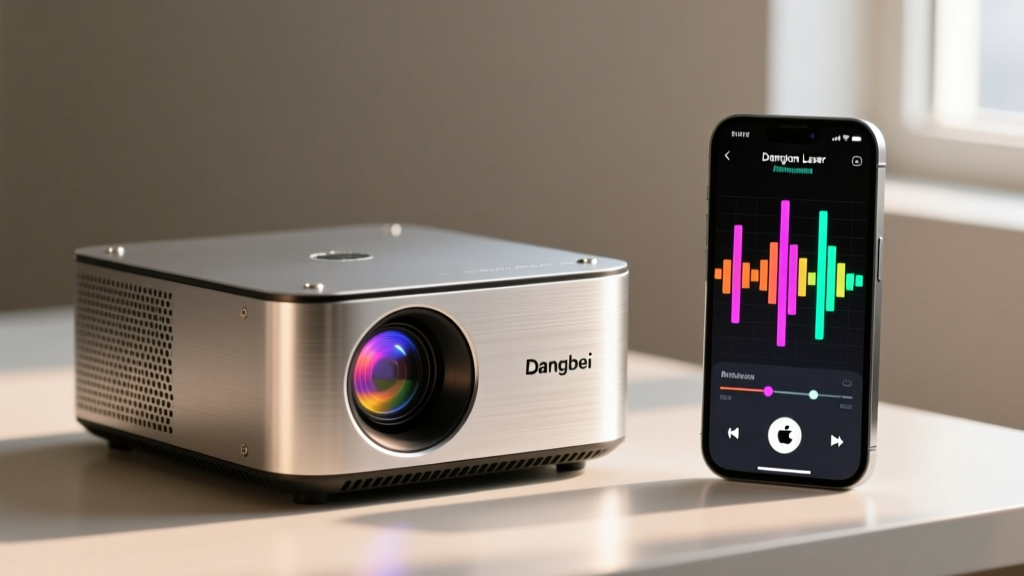 Close-up of the Dangbei Atom Laser projector metallic chassis next to a smartphone displaying audio equalizer settings for retro soundtracks.