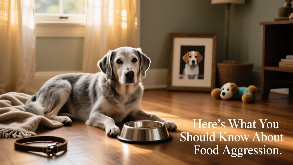Senior dog resting peacefully beside an empty food bowl in a cozy home setting