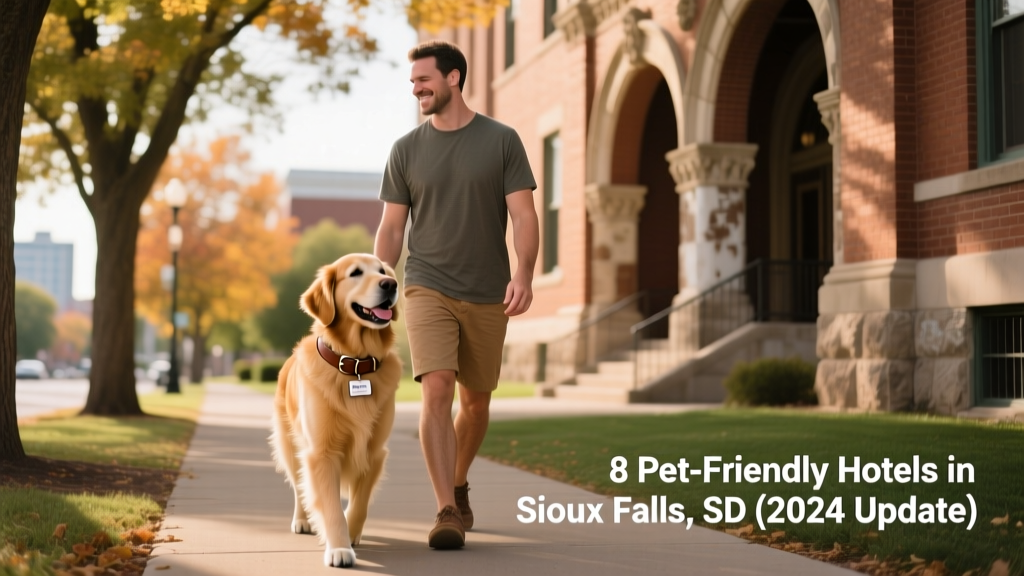A golden retriever walking beside its owner on a tree-lined sidewalk near a historic brick building in Sioux Falls