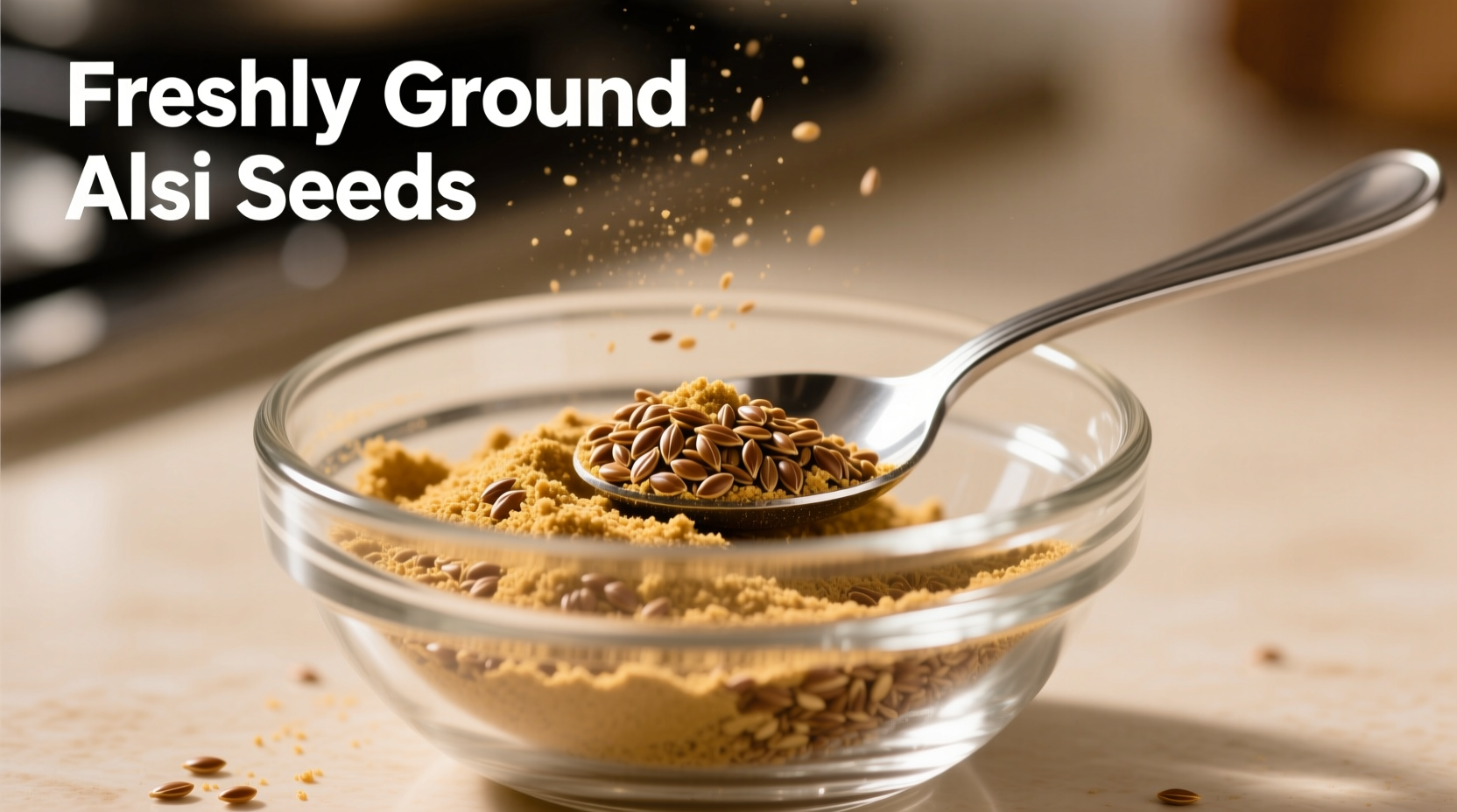 Freshly ground alsi seeds in glass bowl with spoon