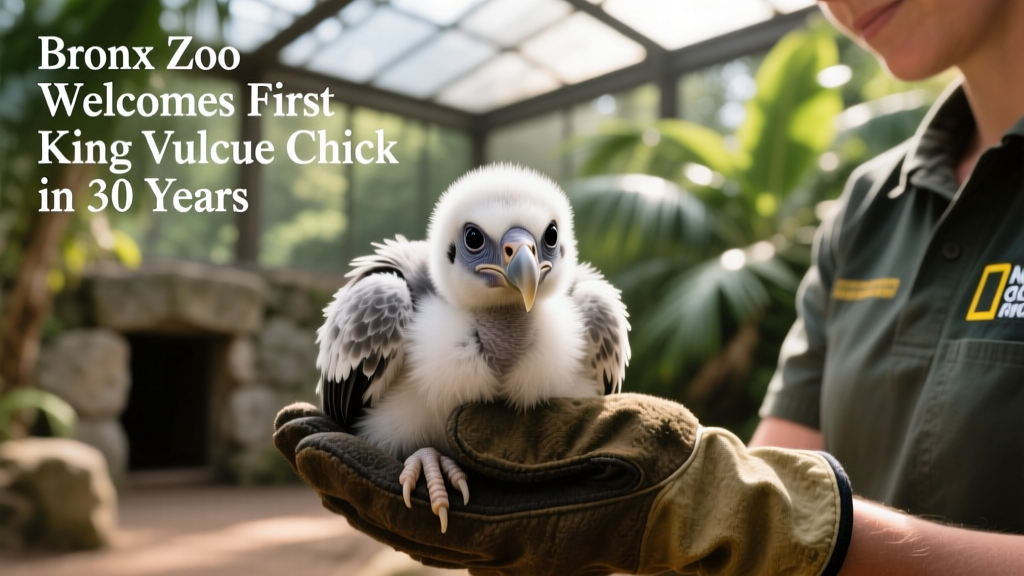 Close-up of a fluffy, downy king vulture chick perched on a keeper's gloved hand at the Bronx Zoo
