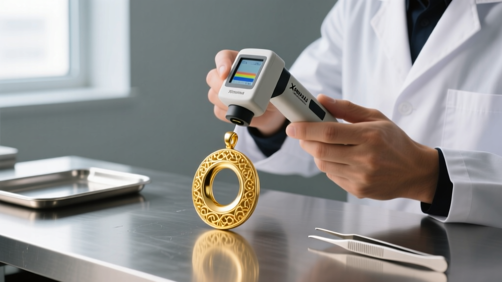 Jeweler using an XRF spectrometer to test karat purity of a thick hollow-cast 18k yellow gold pendant on a clean metal workbench