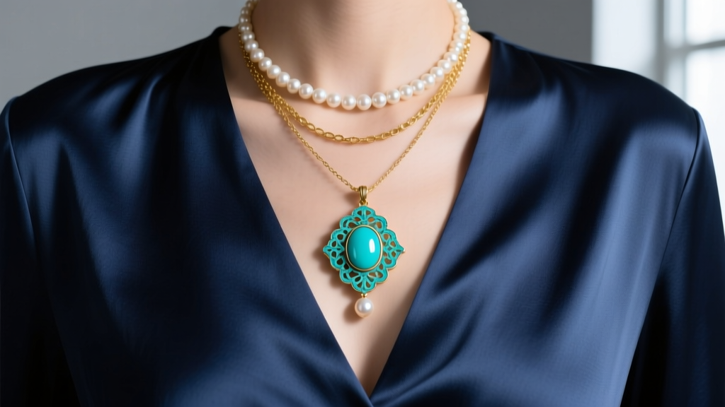 Turquoise pendant layered with a gold satellite chain and pearl choker against a navy V-neck silk blouse in soft studio lighting.