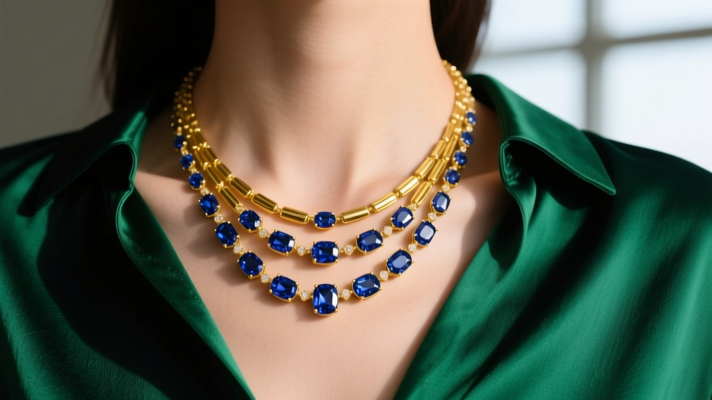 Close-up of a collarbone featuring a layered 18k yellow gold sapphire necklace set against a dark emerald green silk blouse.