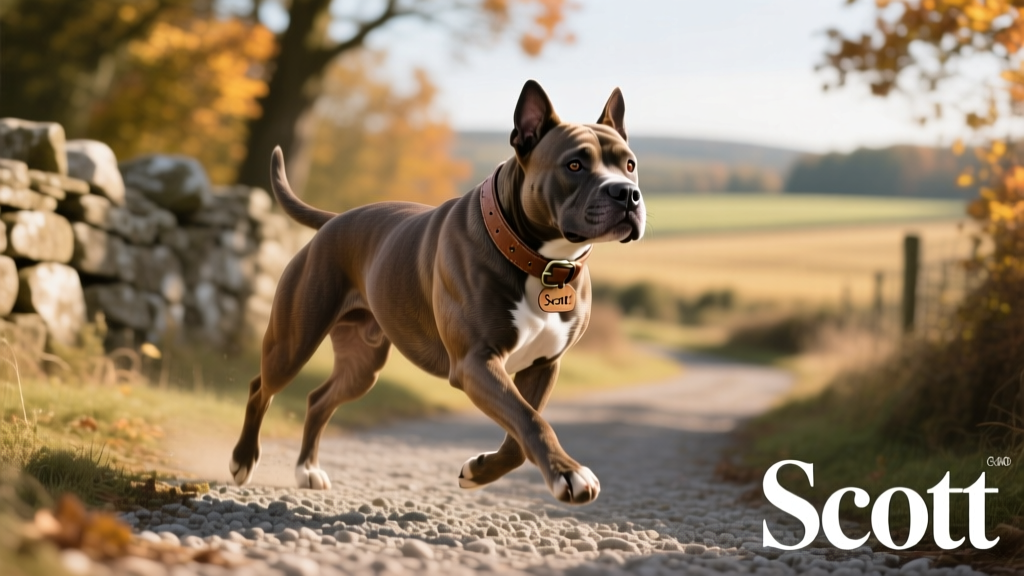 A lean, athletic Scott American Bulldog with a longer muzzle and upright posture, mid-stride on a gravel path