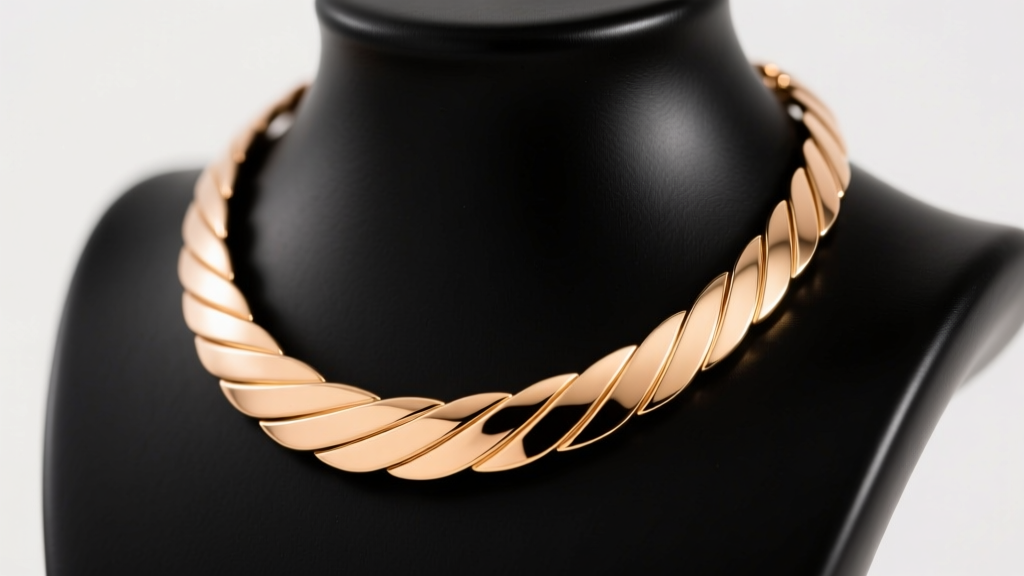 18k rose gold herringbone necklace on a matte black ceramic bust, highlighting the flat, fluid, and highly reflective gold surface.