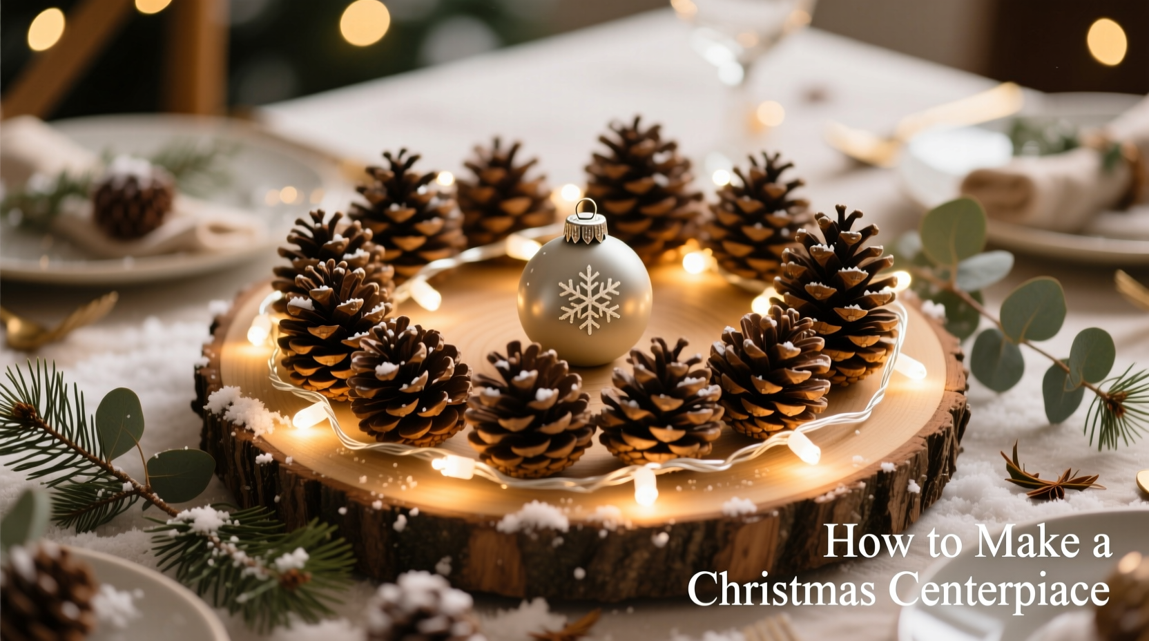 how to make a christmas centerpiece using string lights and pinecones