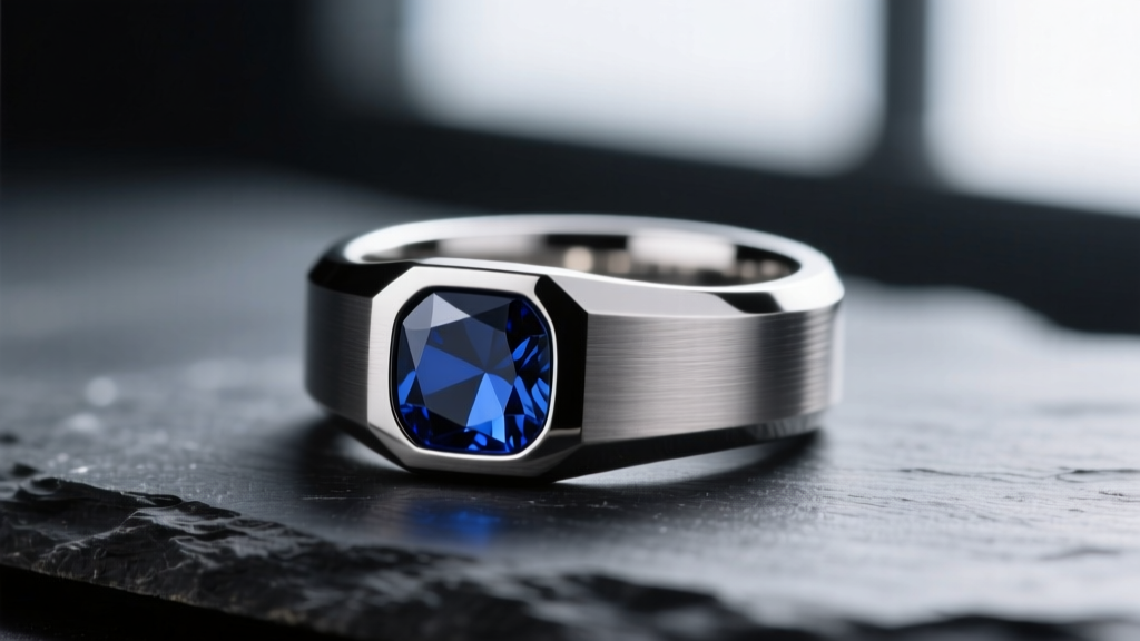 Close-up of a masculine tungsten carbide ring featuring a bezel-set dark blue lab-grown sapphire, resting on a dark slate surface.