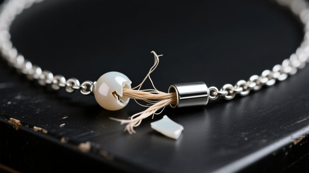 Macro shot of a broken bead and chain necklace showing a slipped sterling crimp tube and frayed nylon wire on a dark workbench.