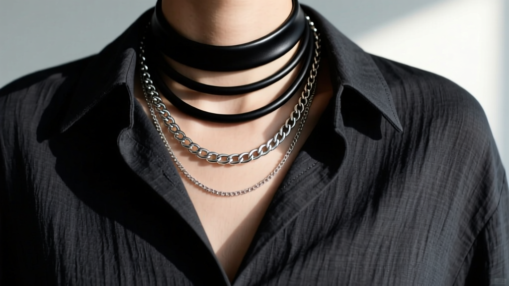 Fashion editorial shot showing layered matte black leather cord and silver chain necklaces resting on a dark charcoal linen shirt.
