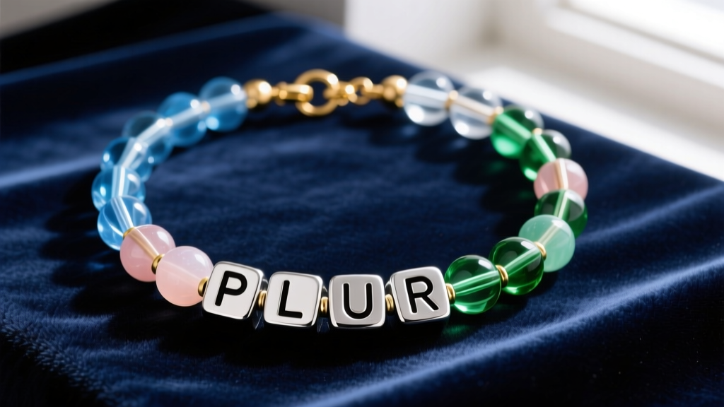 Flat lay of a kandi necklace with translucent glass pony beads, silver PLUR letter beads, and gold clasps on dark velvet fabric.