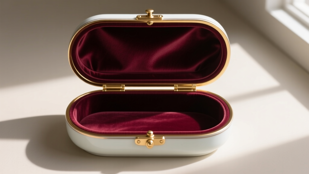 Interior of a restored fine china jewelry box showing plush anti-tarnish velvet lining and polished brass hinges, shot from above.