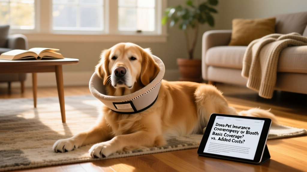 Happy, recovered dog resting comfortably at home after successful bloat treatment, wearing a soft recovery collar