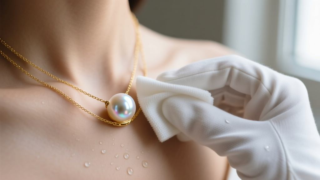 Hands in white cotton gloves gently wiping a single pearl on a two-strand gold necklace with a damp, lint-free microfiber cloth.