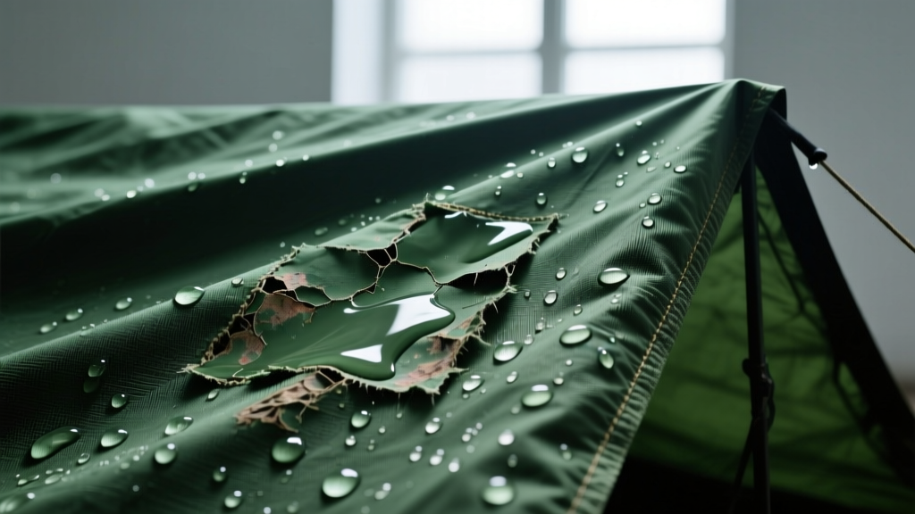 Close-up of dark green 600D waterproof oxford fabric tarp showing water droplets failing to bead on a degraded polyurethane coated surface