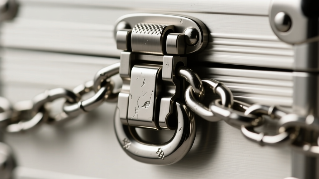 Macro photography of a heavy-duty stainless steel box clasp with a figure-8 safety catch on a thick 6mm Figaro chain link