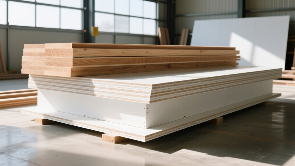 Stacked framing lumber and drywall at Larry's Building Materials lumber yard in Costa Mesa with a forklift operating in bright morning light