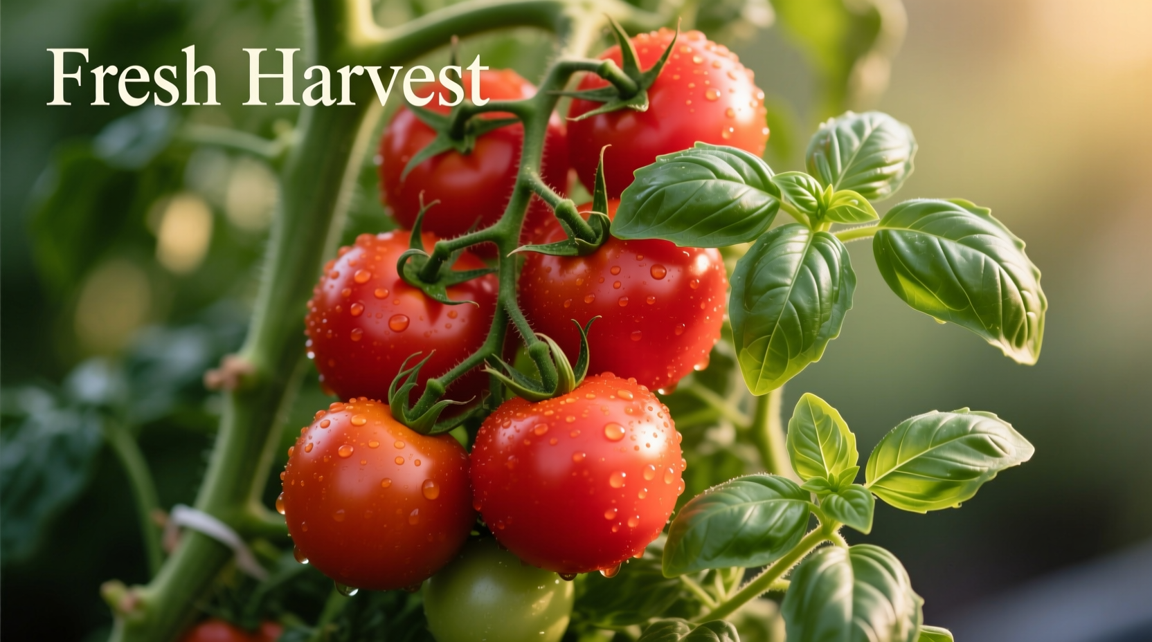 Ripe tomatoes on vine with fresh basil