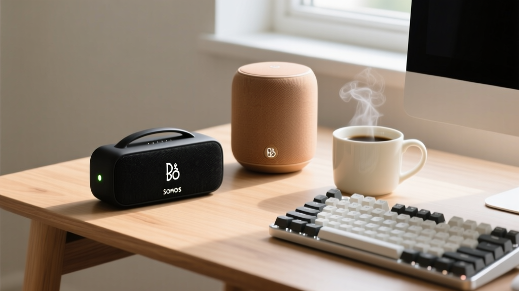Sonos Roam 2 and B&O Beosound A1 speakers resting on a wooden standing desk next to a mechanical keyboard and ceramic coffee mug
