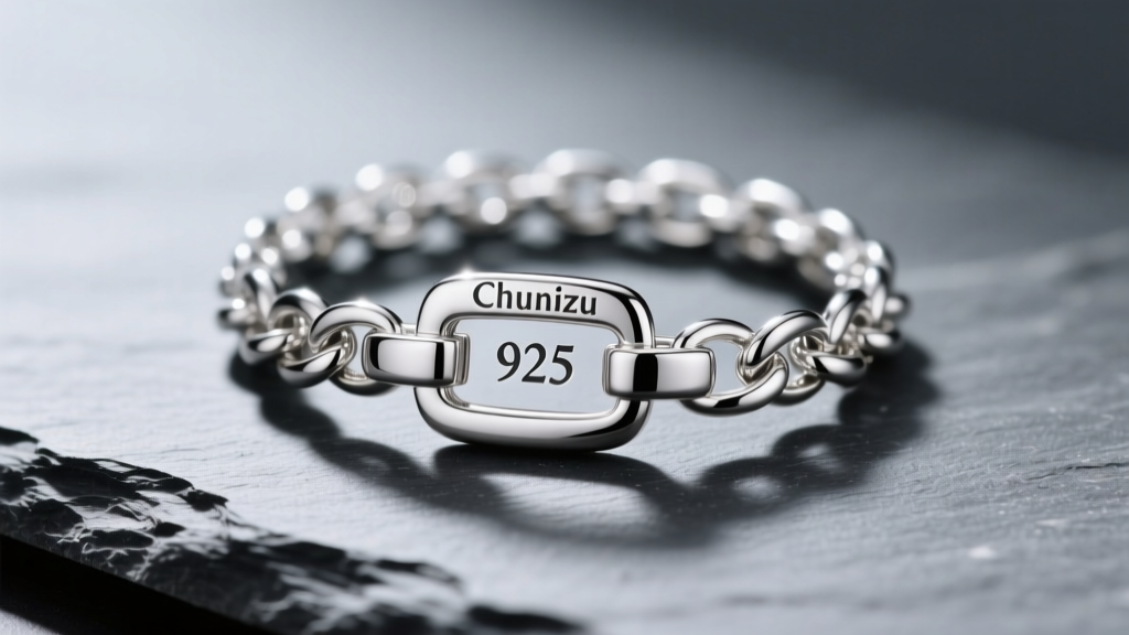 Close-up of a Chunzu sterling silver chain clasp on slate, showing the laser-stamped 925 hallmark under bright studio lighting