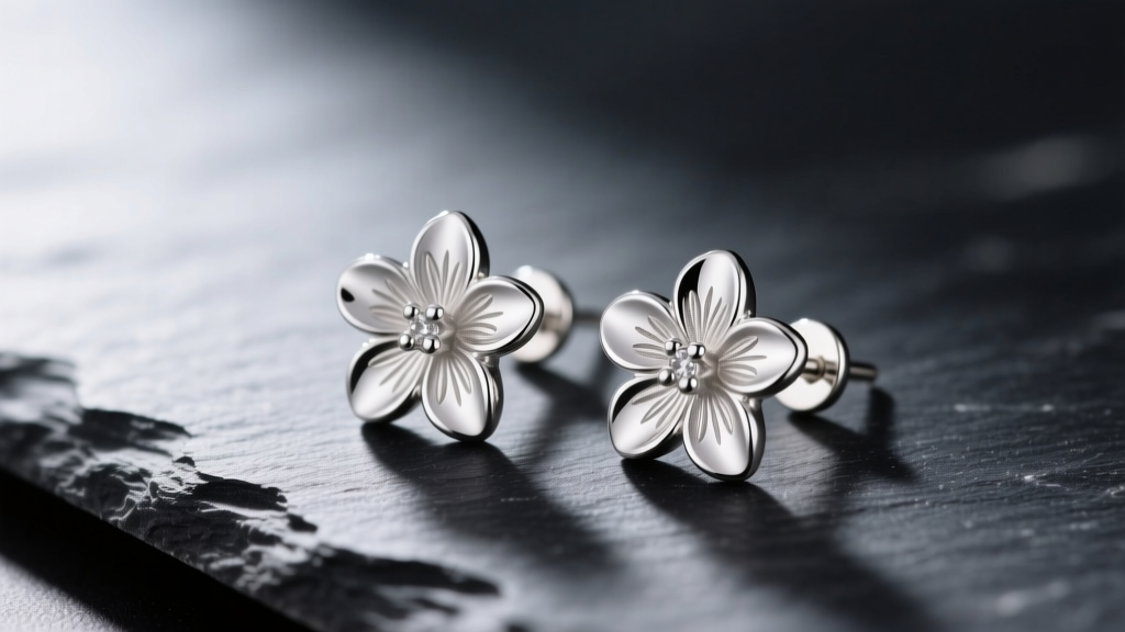 Sterling silver James Avery flower stud earrings on dark slate, soft lighting highlighting intricate petal details and metal post.
