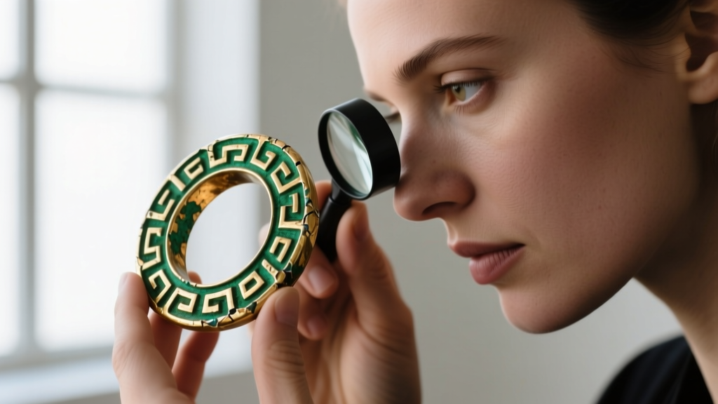 Jeweler inspecting a Greek key hoop with a loupe, revealing green oxidation and flaking gold plating along the geometric edges.
