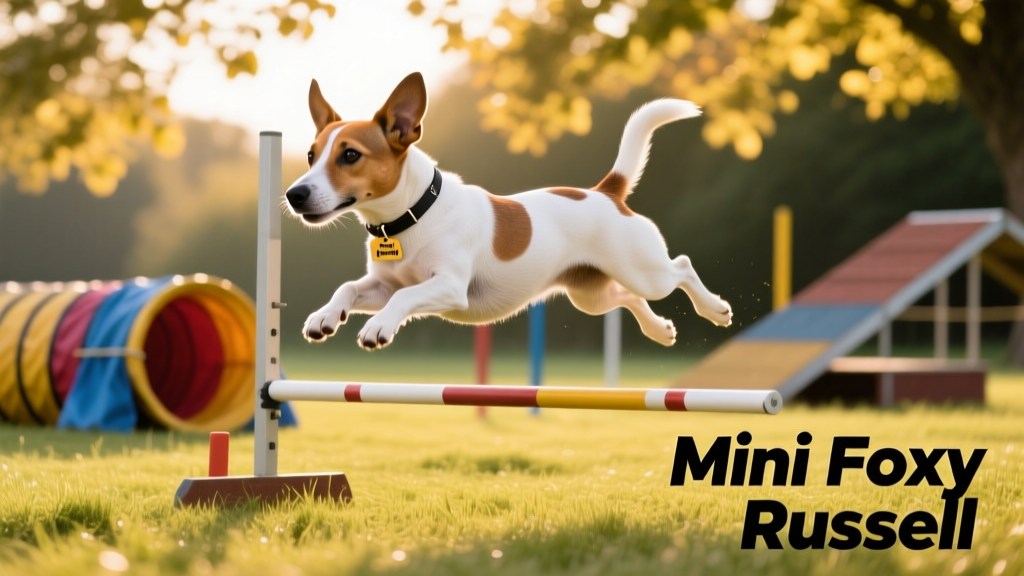 A Mini Foxy Russell mid-leap during an agility course, showcasing athleticism and focus