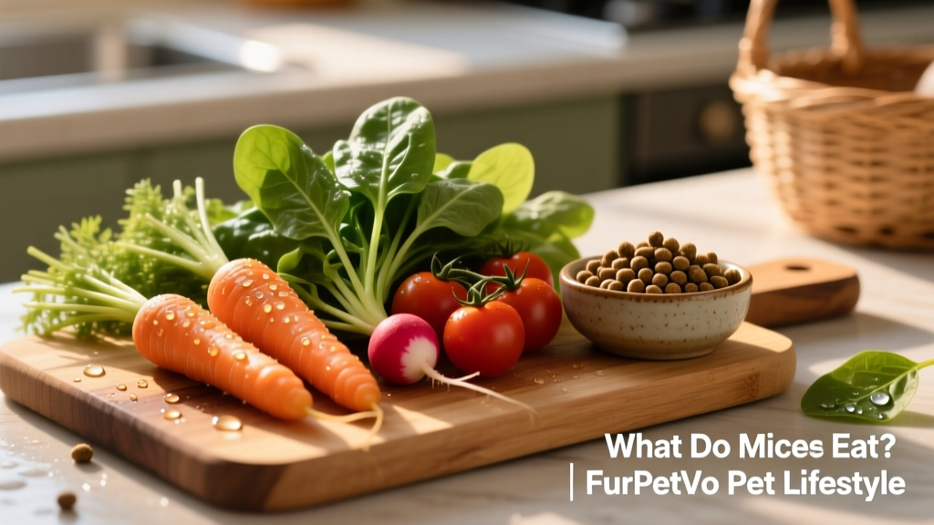 A selection of fresh, washed vegetables arranged beside a small bowl of FurPetVo mouse pellets