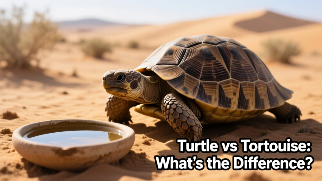A Russian tortoise walking across sandy, sun-baked soil next to a shallow water dish
