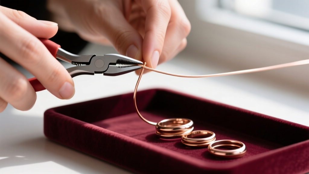 Hands using nylon-jaw pliers to straighten 18-gauge rose gold-filled wire next to a velvet tray of minimalist stacking rings.
