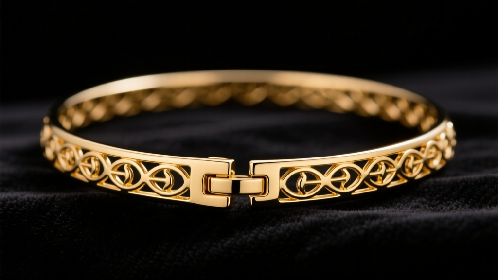 Close-up of a rigid 18K yellow gold luxury choker necklace with a hidden clasp, resting on black velvet under soft studio lighting.