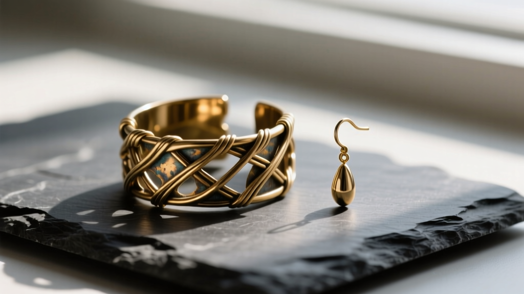Close-up of a heavy brass ear cuff and dangle earring on dark slate, highlighting intricate wirework and oxidized metal patina.