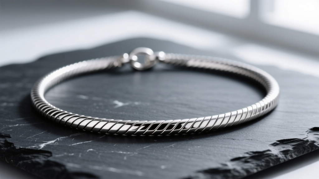 Macro shot of a polished sterling silver necklace snake chain on dark slate, highlighting its smooth, tubular interlocking links.