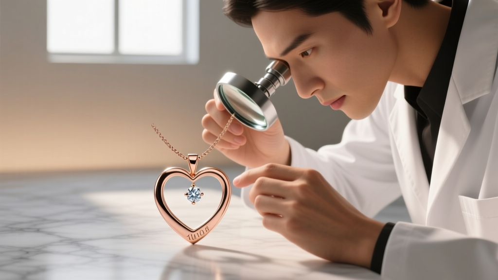 Jeweler using a loupe to inspect prongs and hallmark on a delicate 10k rose gold heart pendant with a small center diamond.