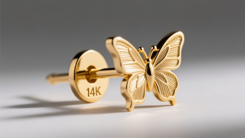 Macro photography of a 14k yellow gold earring post and butterfly backing showing metal texture and stamp under studio lighting.