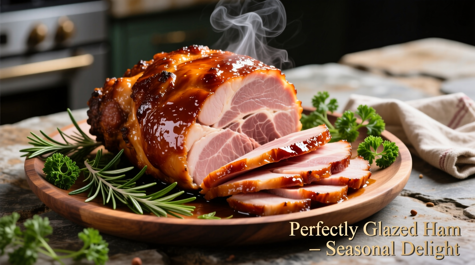 Perfectly cooked glazed ham on platter with fresh herbs