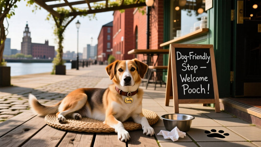 A relaxed mixed-breed dog lounging on a sunlit patio outside a Liverpool cafe