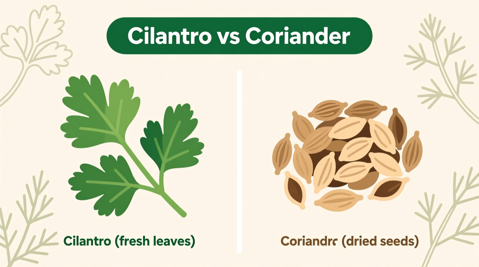 Korianderblätter und -samen im Vergleich: frische grüne Blätter neben hellbraunen Samen