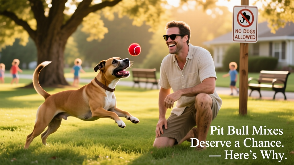 A joyful, well-socialized Pit Bull mix playing fetch in a sunny park with a smiling adult