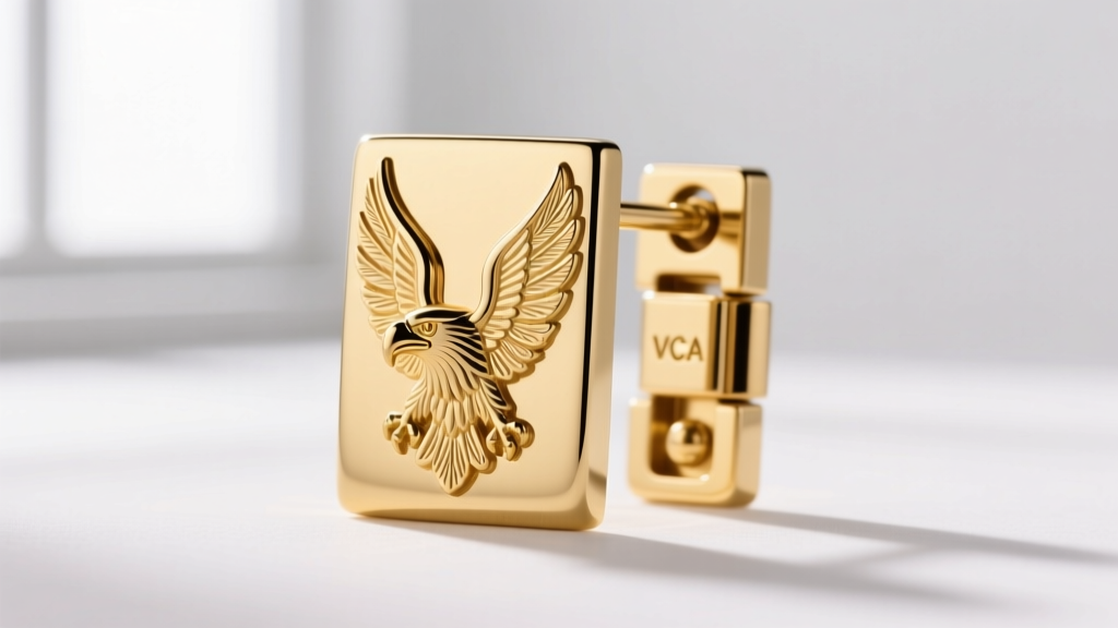 Macro view of the clip-on hinge and eagle head hallmark on the back of an 18k yellow gold VCA Alhambra earring in studio light.