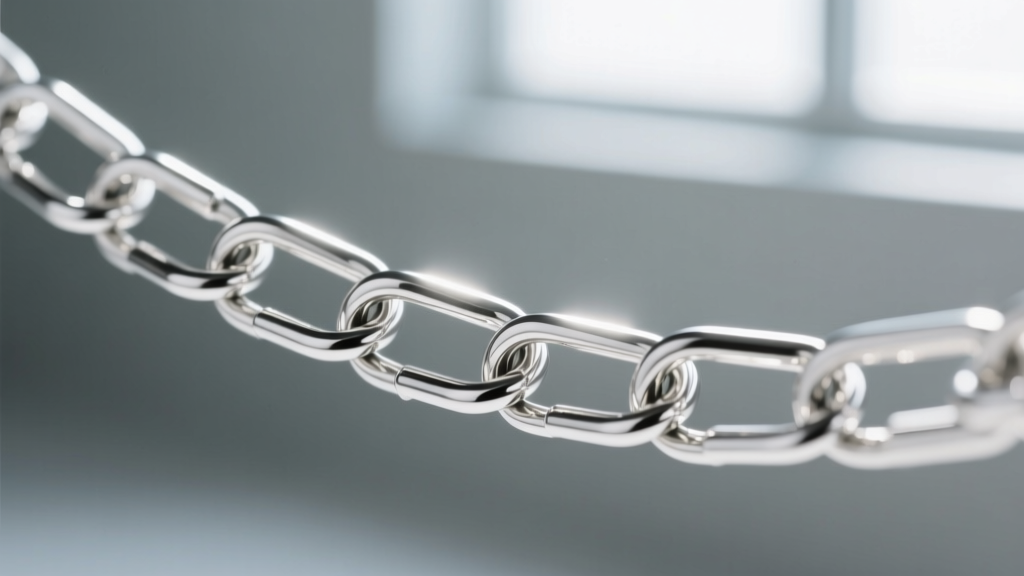 Macro shot of an Argentium silver paperclip chain reflecting bright light, showing a high-polish finish without firescale.