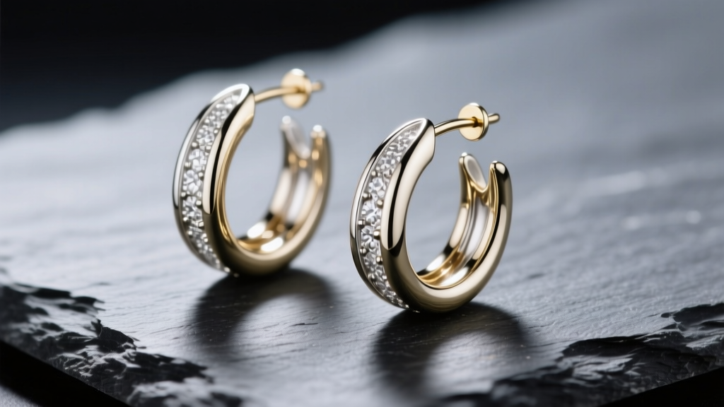 Macro shot of polished 14k mens white gold hoop earrings on dark slate, reflecting soft studio light with sharp metallic highlights.