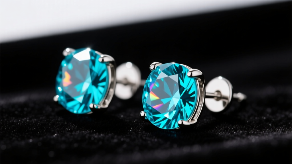 Macro shot of neon blue paraiba tourmaline stud earrings in platinum, showing electric glow against a dark velvet background.