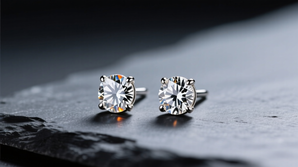 Close-up of 5mm round brilliant diamond stud earrings in 14k white gold martini settings on dark slate with soft studio lighting.