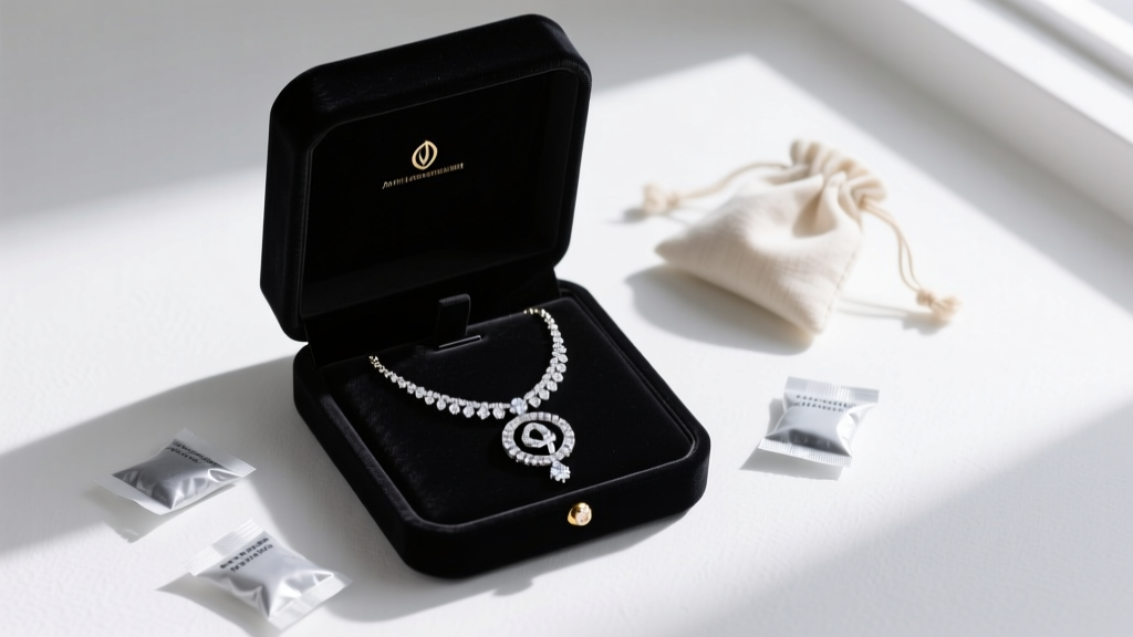Open velvet box holding a diamond chai symbol necklace, stored alongside a dark anti-tarnish cloth and small silica gel packets.
