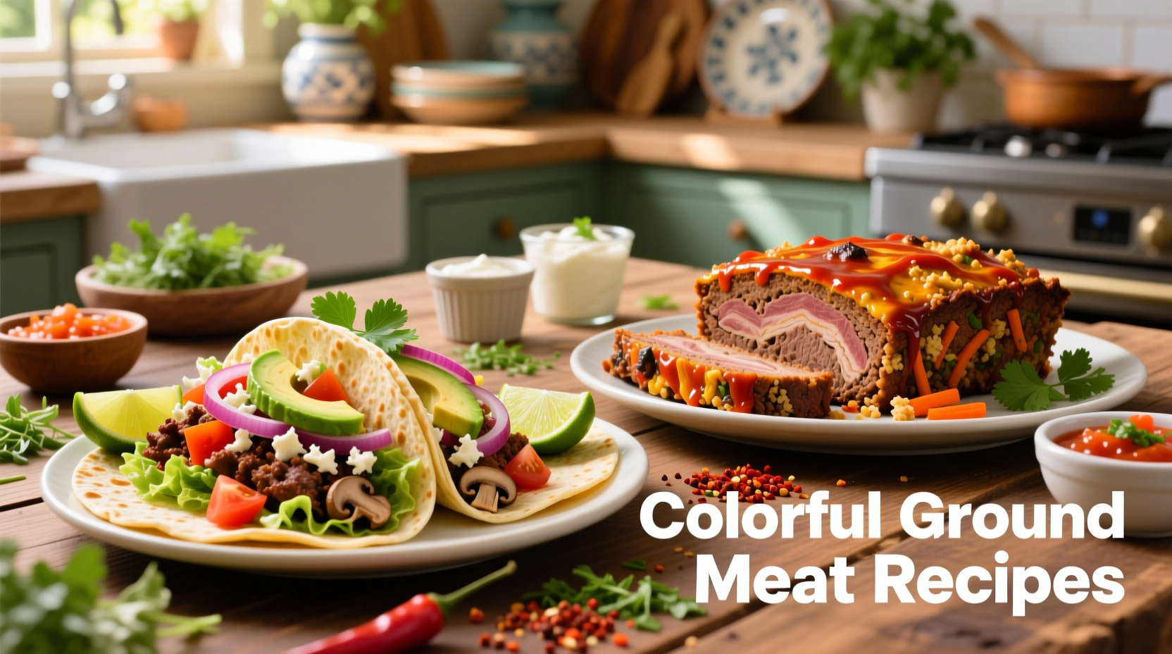 Colorful ground meat recipes including tacos and meatloaf