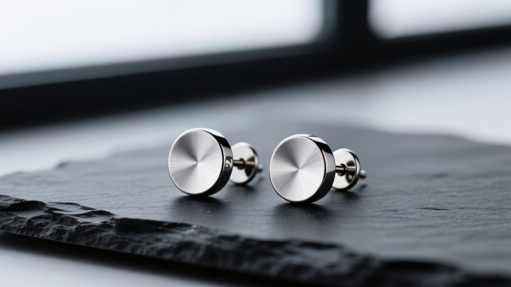 Macro shot of 12mm brushed titanium dome stud earrings on dark slate, soft studio lighting highlighting the metal texture and post