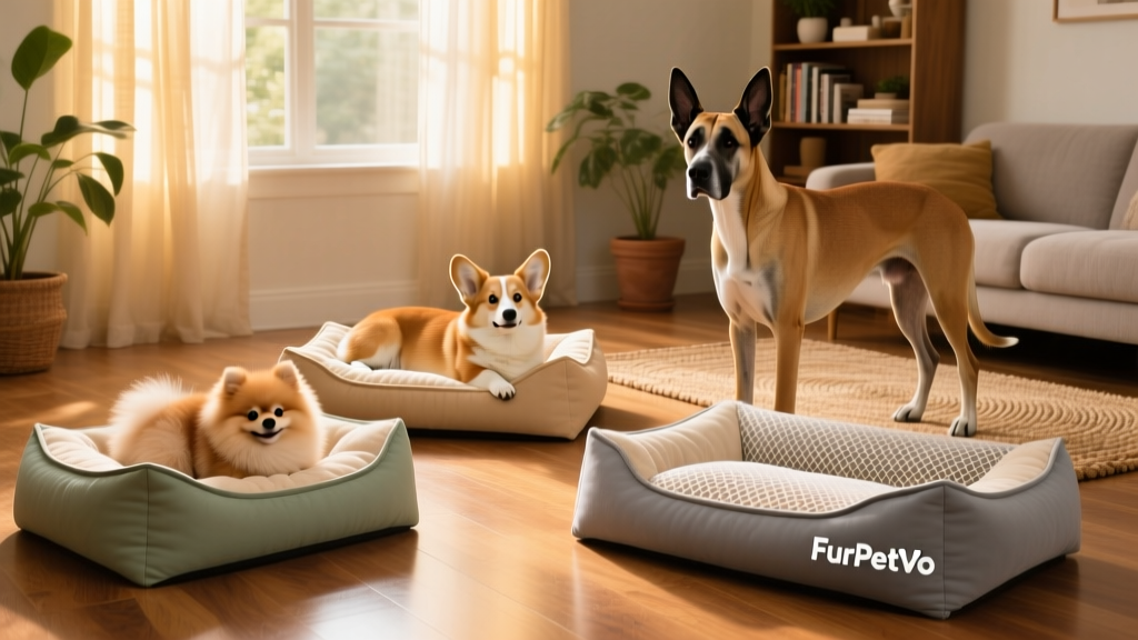 Three different-sized dogs—one curled, one stretched, one resting upright—in matching FurPetVo calming beds in a sunlit living room