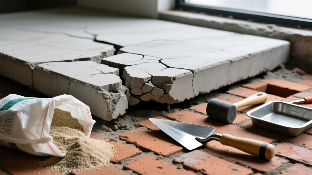 Close-up of a cracked concrete slab adjacent to sunken clay brick pavers, with polymeric sand and repair tools scattered nearby