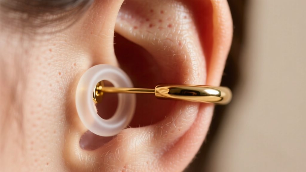 Macro shot of an ear wearing a 14k gold leverback earring with a clear silicone o-ring, highlighting gently stretched lobe tissue.